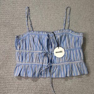 needii Top Lynnette Stripe Large Blue‎ Coquette Coastal Smocked Ruffle Tie Front